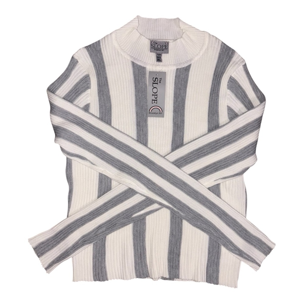 Ribbed Mock-Neck Sweater - White & Gray Stripes